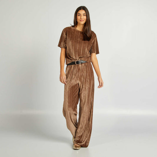 Pantalon large en velours plissé Marron