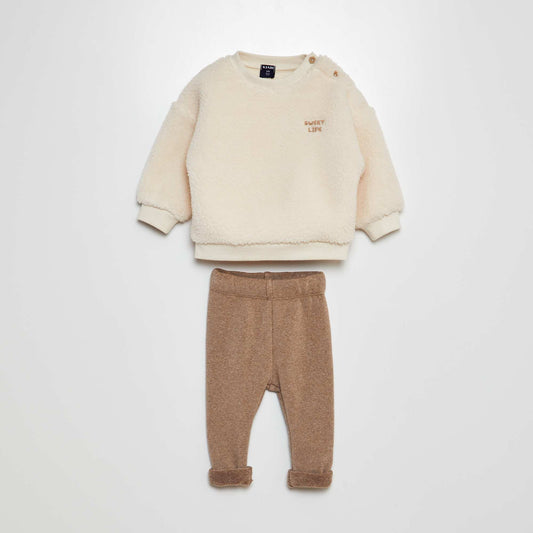 Ensemble Sweat effet moutonné + pantalon - 2 pièces Beige