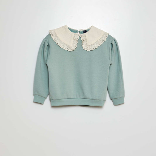 Sweat en molleton avec col en broderies anglaises Vert