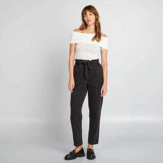 Pantalon denim mom avec ceinture à nouer noir