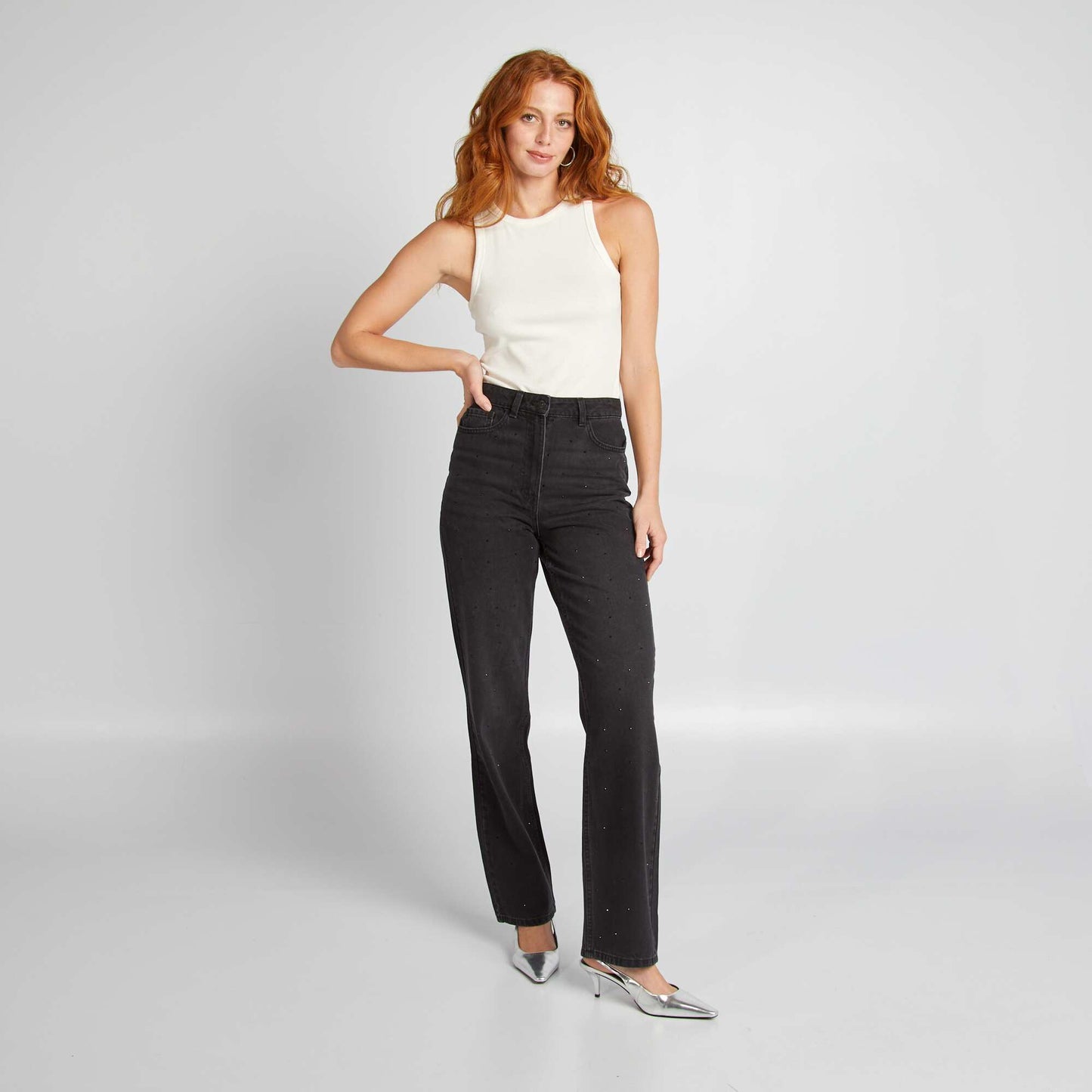 Pantalon taille ahute straight avec strass - L32 Gris