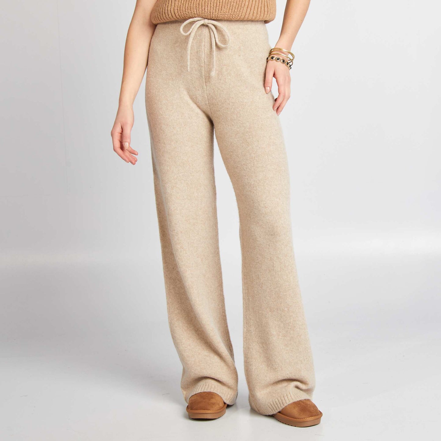 Pantalon large matière pull Beige