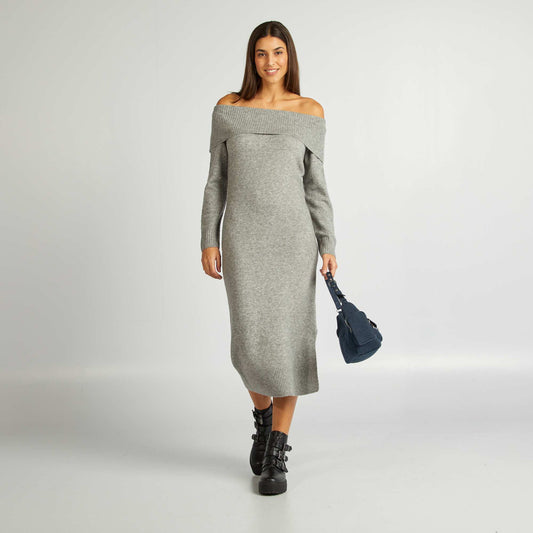 Robe pull avec encolure bardot Gris