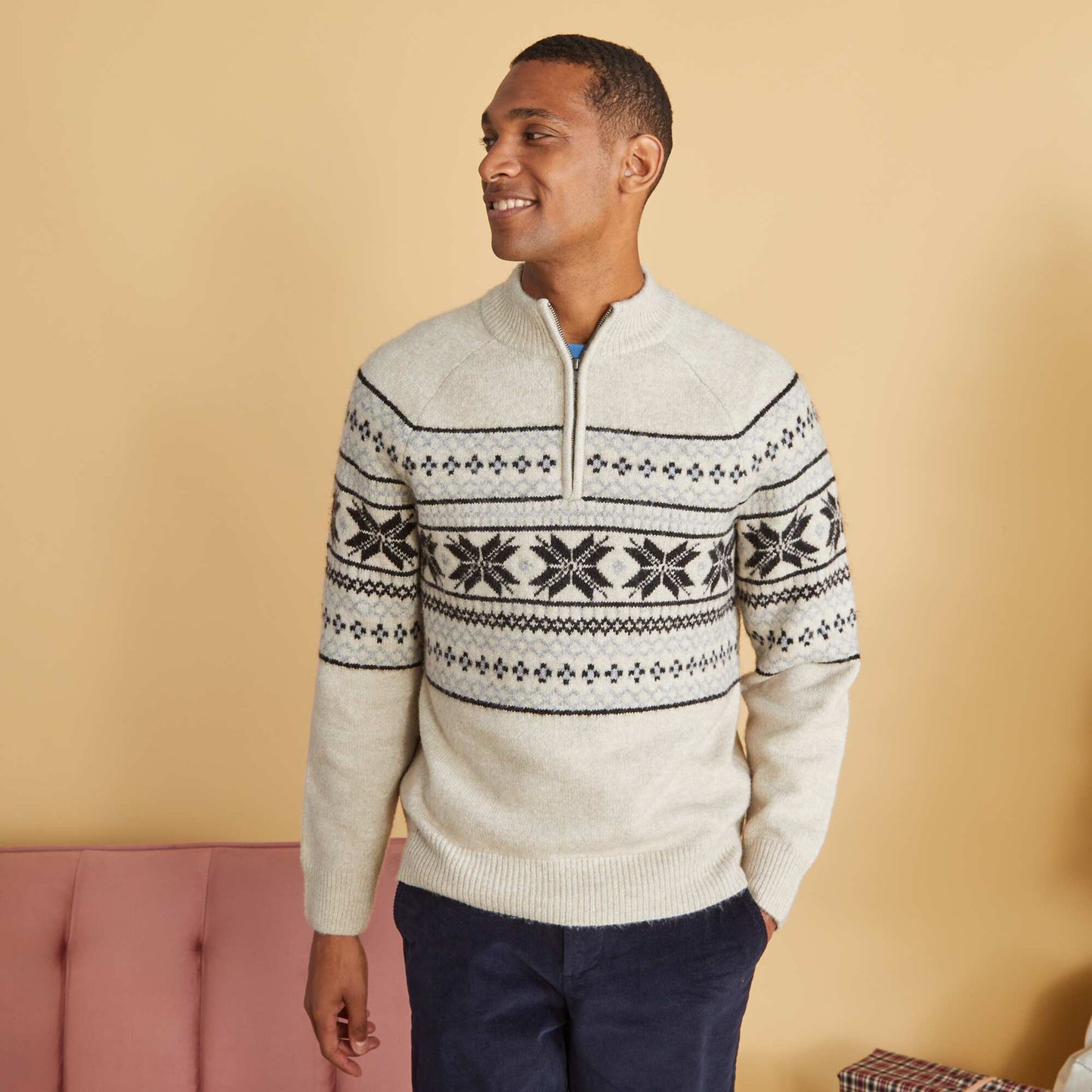 Pull en maille jacquard col camionneur Beige