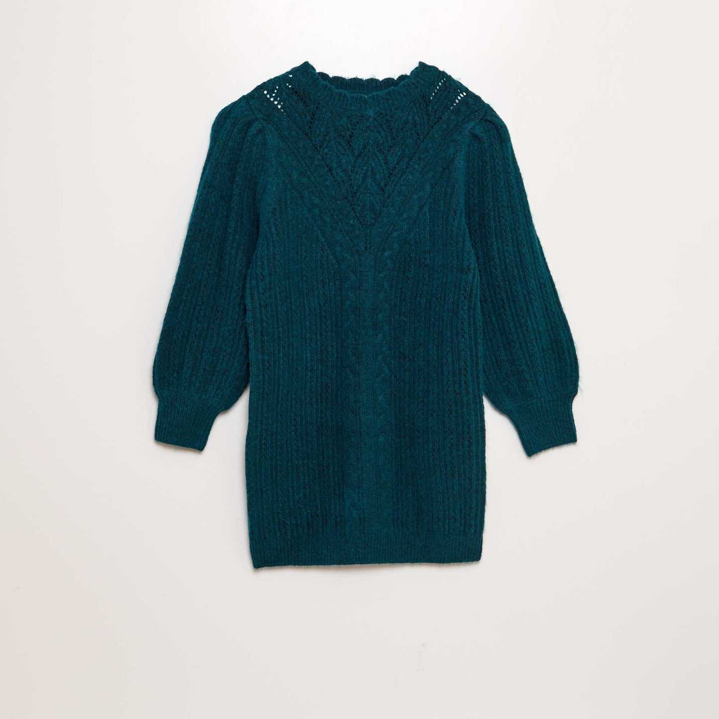 Robe pull en maille ajourée et torsadée vert