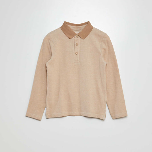 Polo en piqué de coton manches longues Beige