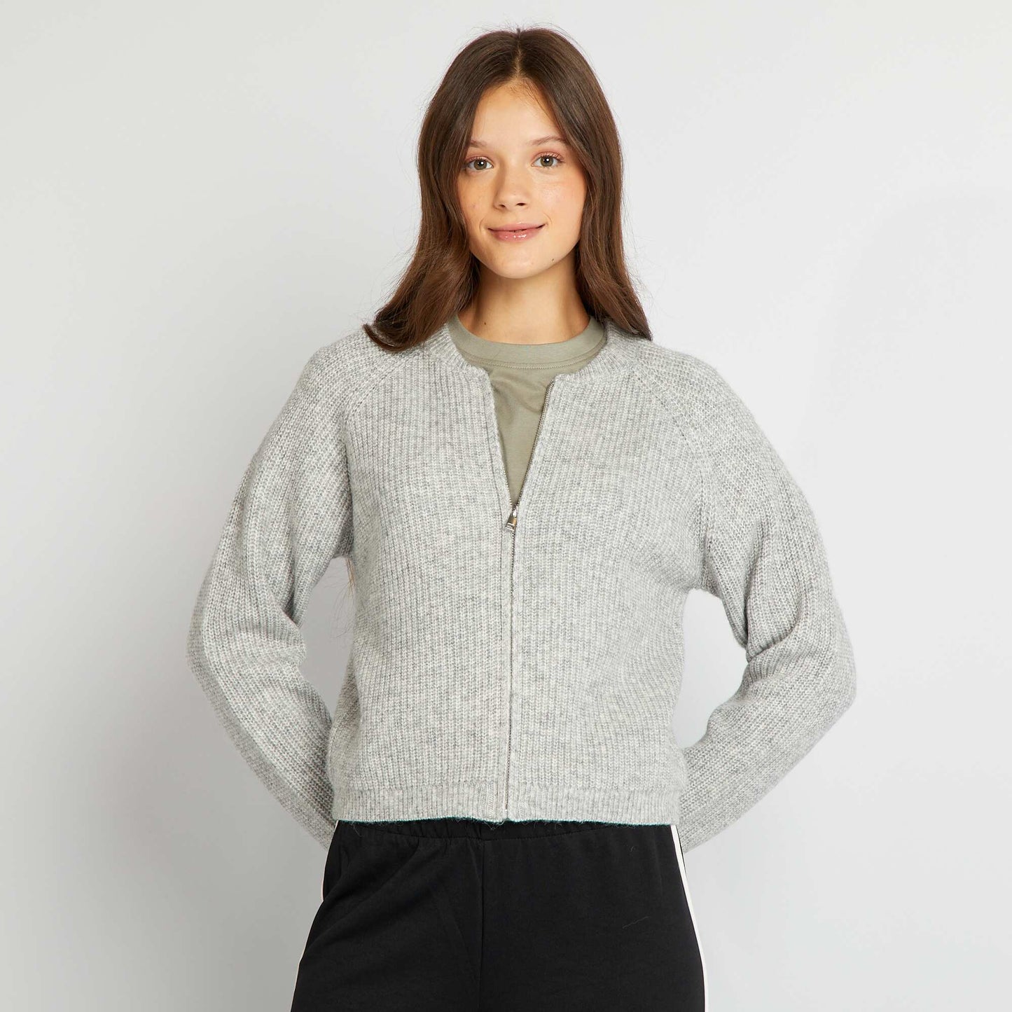 Gilet zippé en maille tressée Gris clair