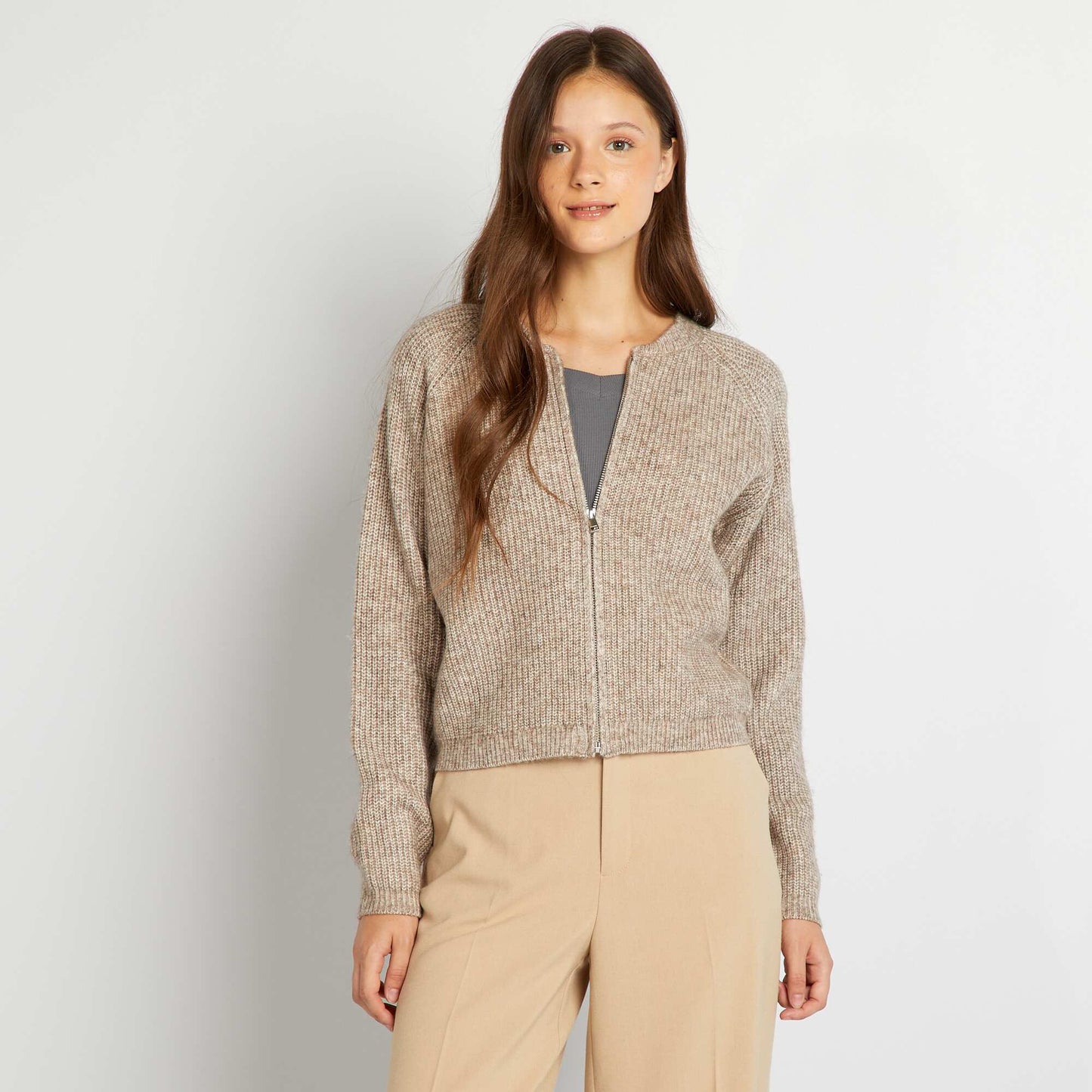 Gilet zippé en maille tressée Beige