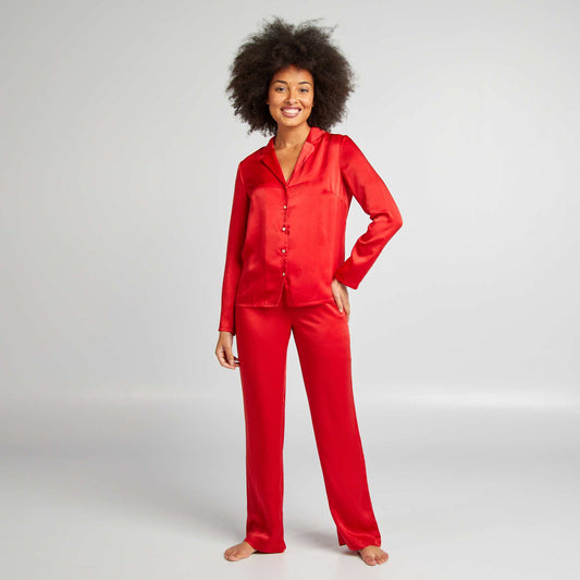 Ensemble pyjama chemise + pantalon en satin Rouge