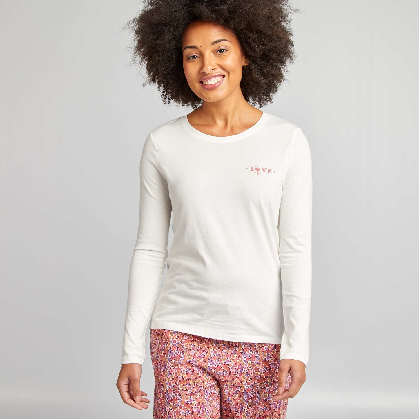 Ensemble pyjama tee-shirt + pantalon imprimé Blanc/rose fleuri