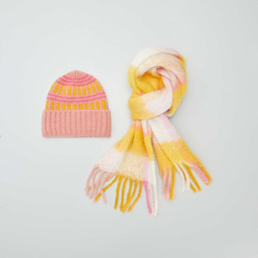 Ensemble bonnet + écharpe - 2 pièces orange/rose