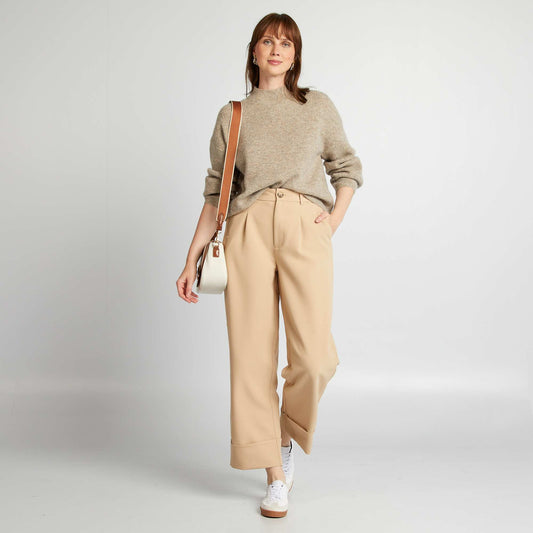 Pantalon cigarette à revers Beige