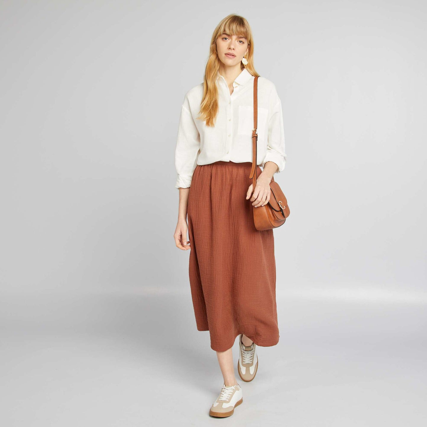 Chemisier long avec poche poitrine avec 20% de lin BLANC