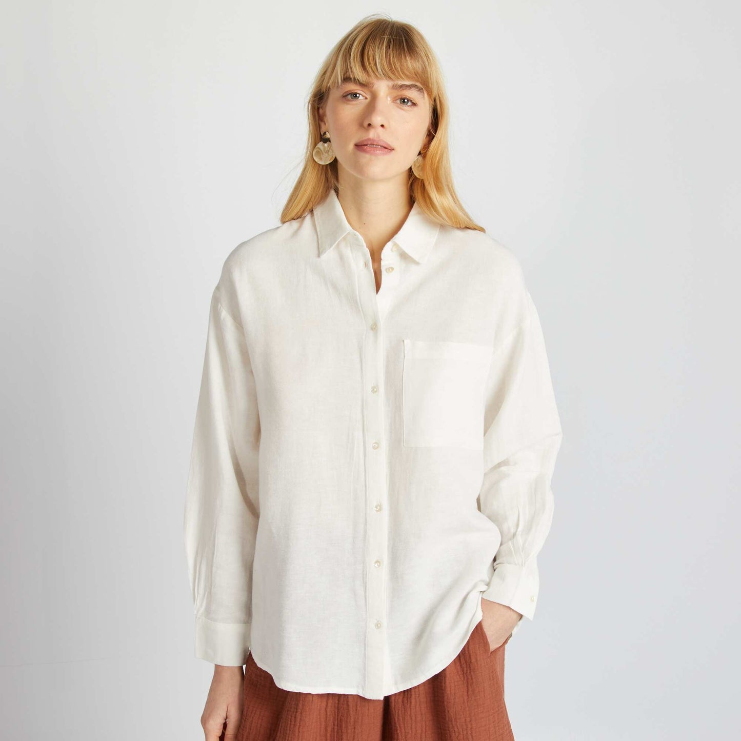 Chemisier long avec poche poitrine avec 20% de lin BLANC