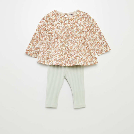 Ensemble t-shirt fleuri + legging côtelé - 2 pièces BLANC