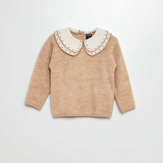 Pull avec col en gaze de coton BEIGE