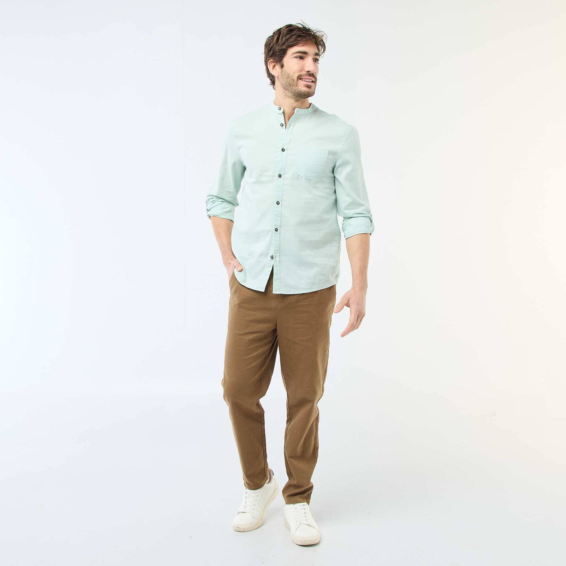 Chemise col mao avec lin VERT
