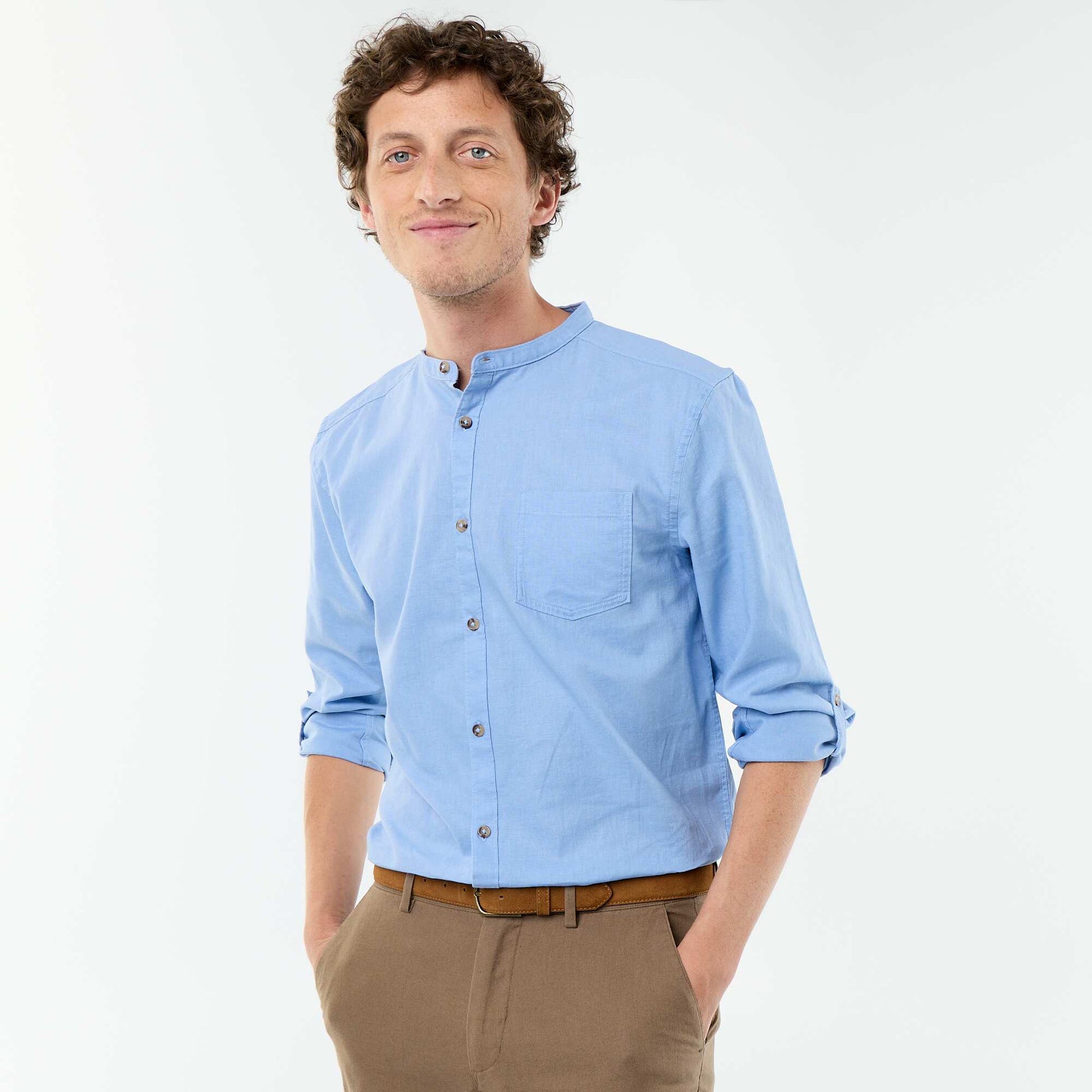 Chemise col mao avec lin BLEU