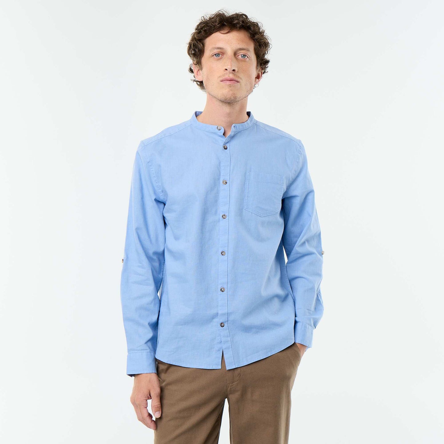 Chemise col mao avec lin BLEU
