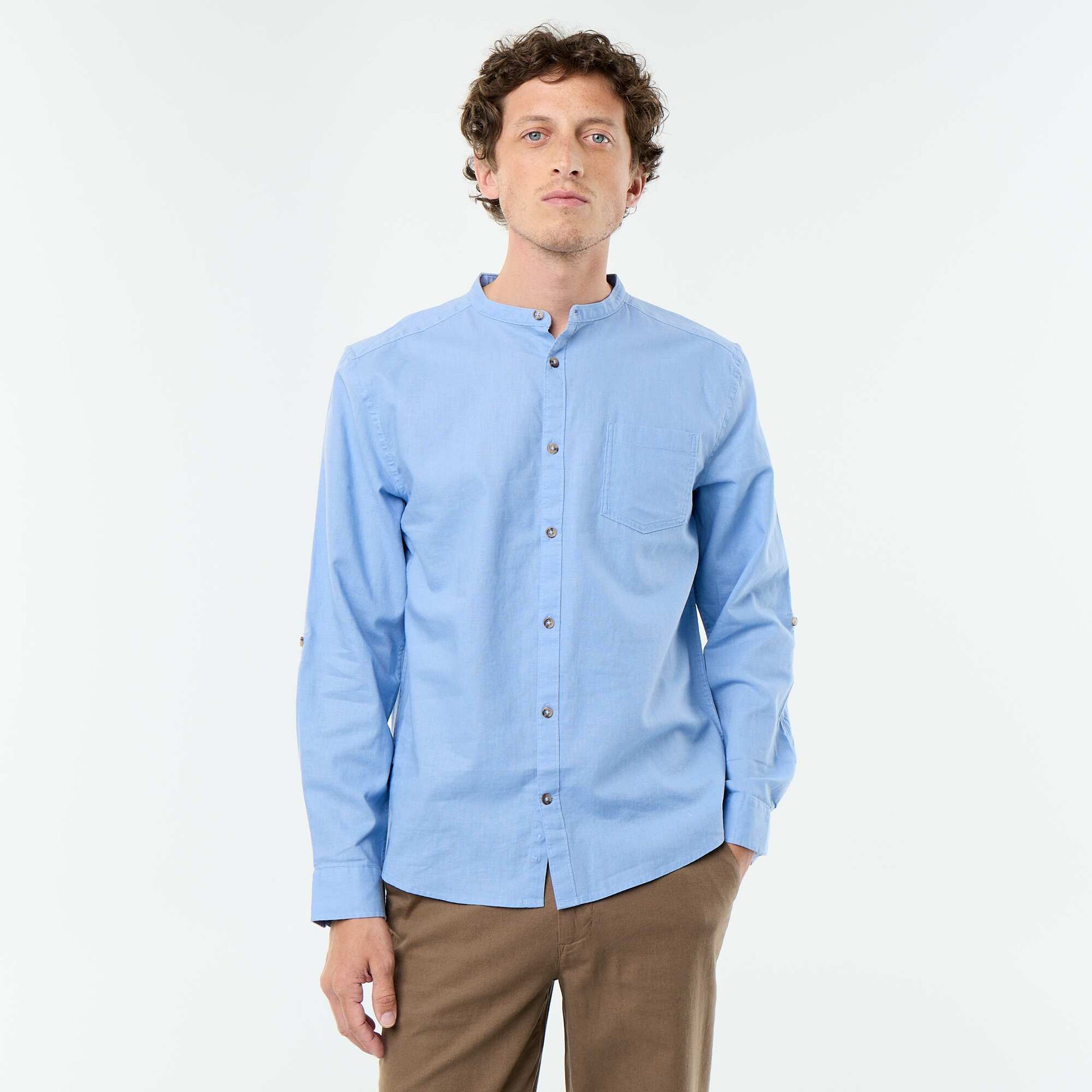 Chemise col mao avec lin BLEU
