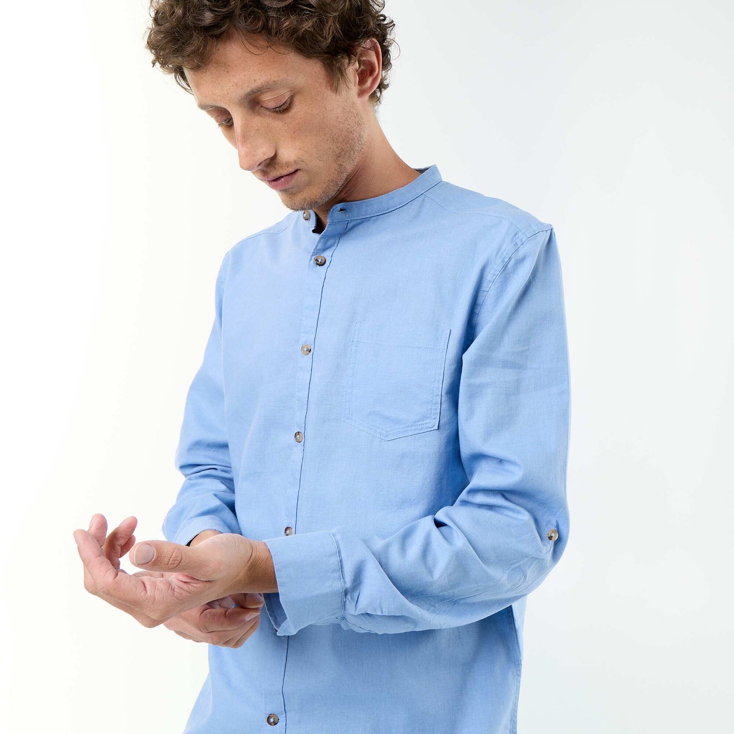 Chemise col mao avec lin BLEU