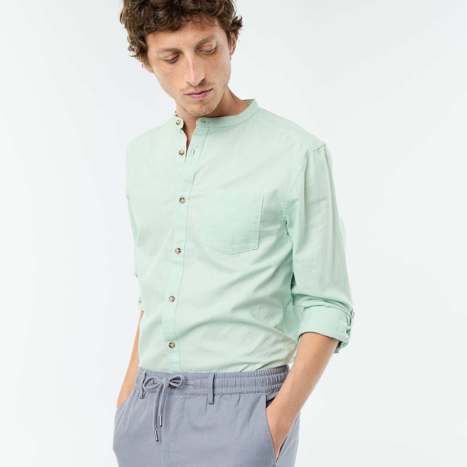 Chemise col mao avec lin VERT