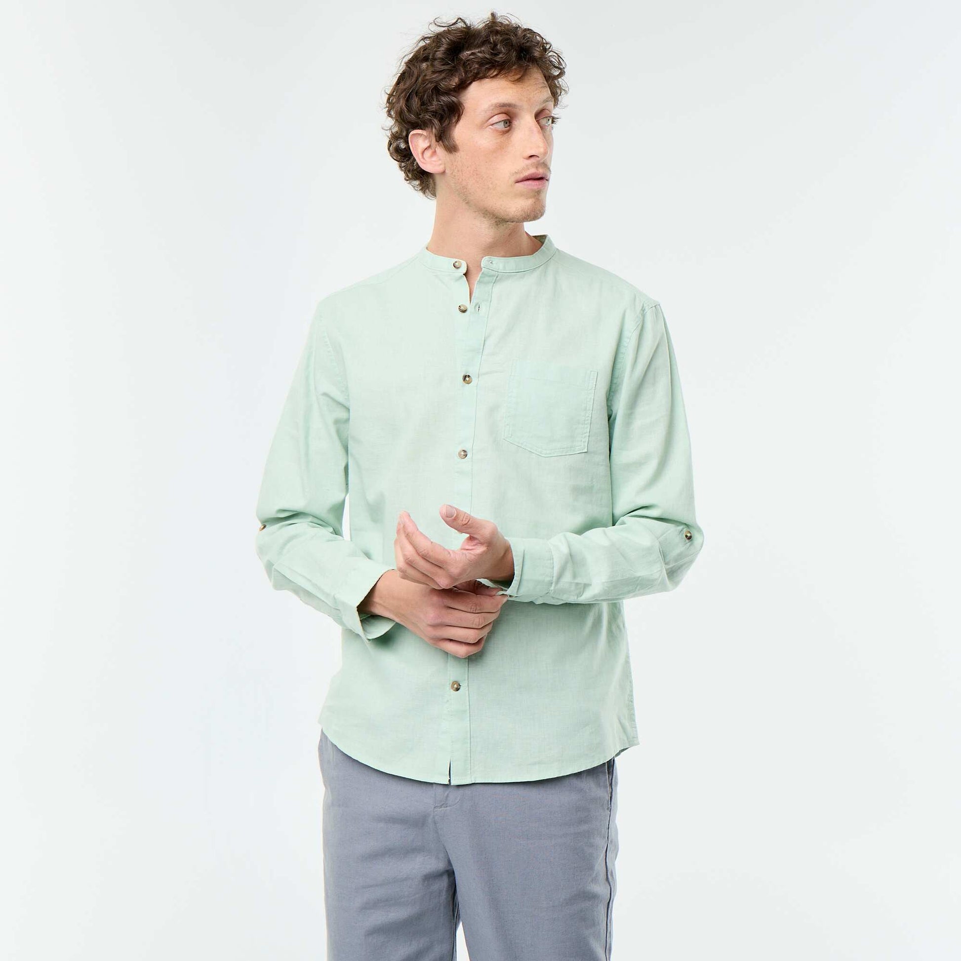 Chemise col mao avec lin VERT