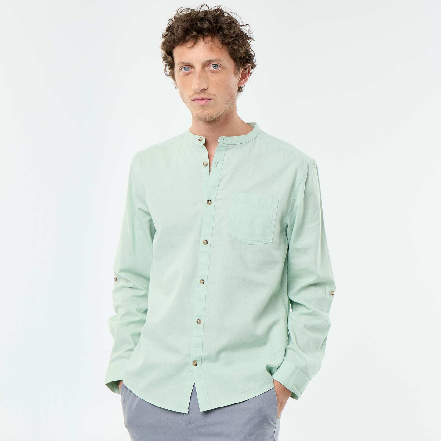 Chemise col mao avec lin VERT