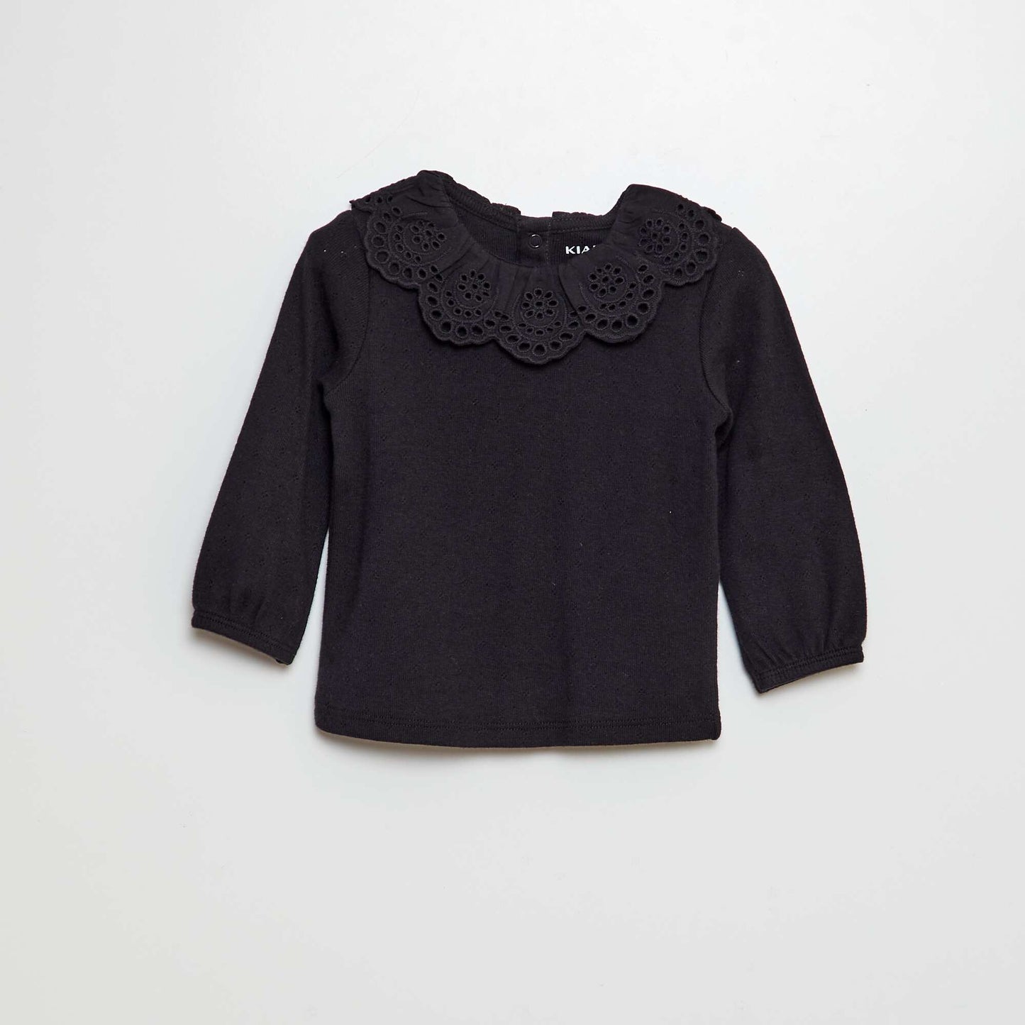 T-shirt en maille pointelle col claudine en broderie anglaise noir