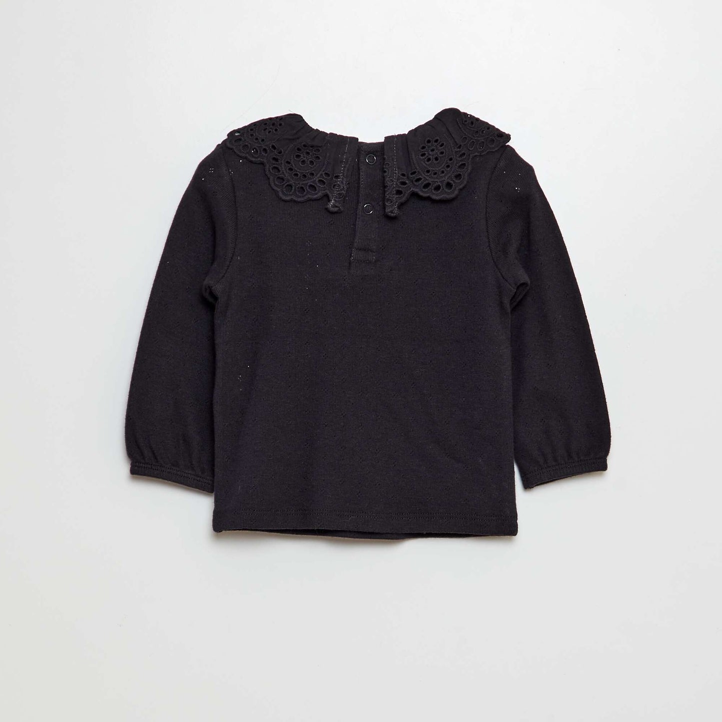 T-shirt en maille pointelle col claudine en broderie anglaise noir