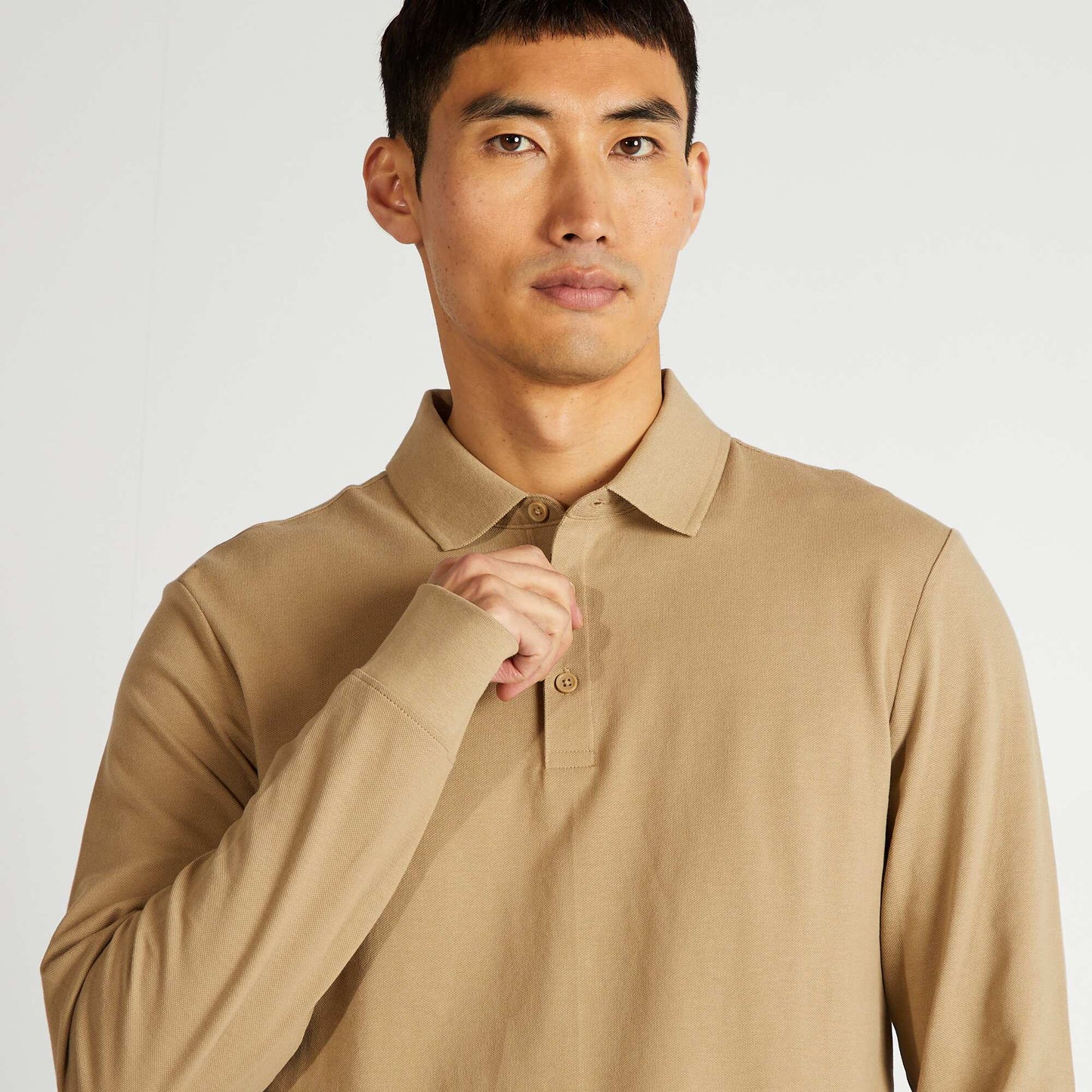 Polo manches longues en piqué de coton Beige