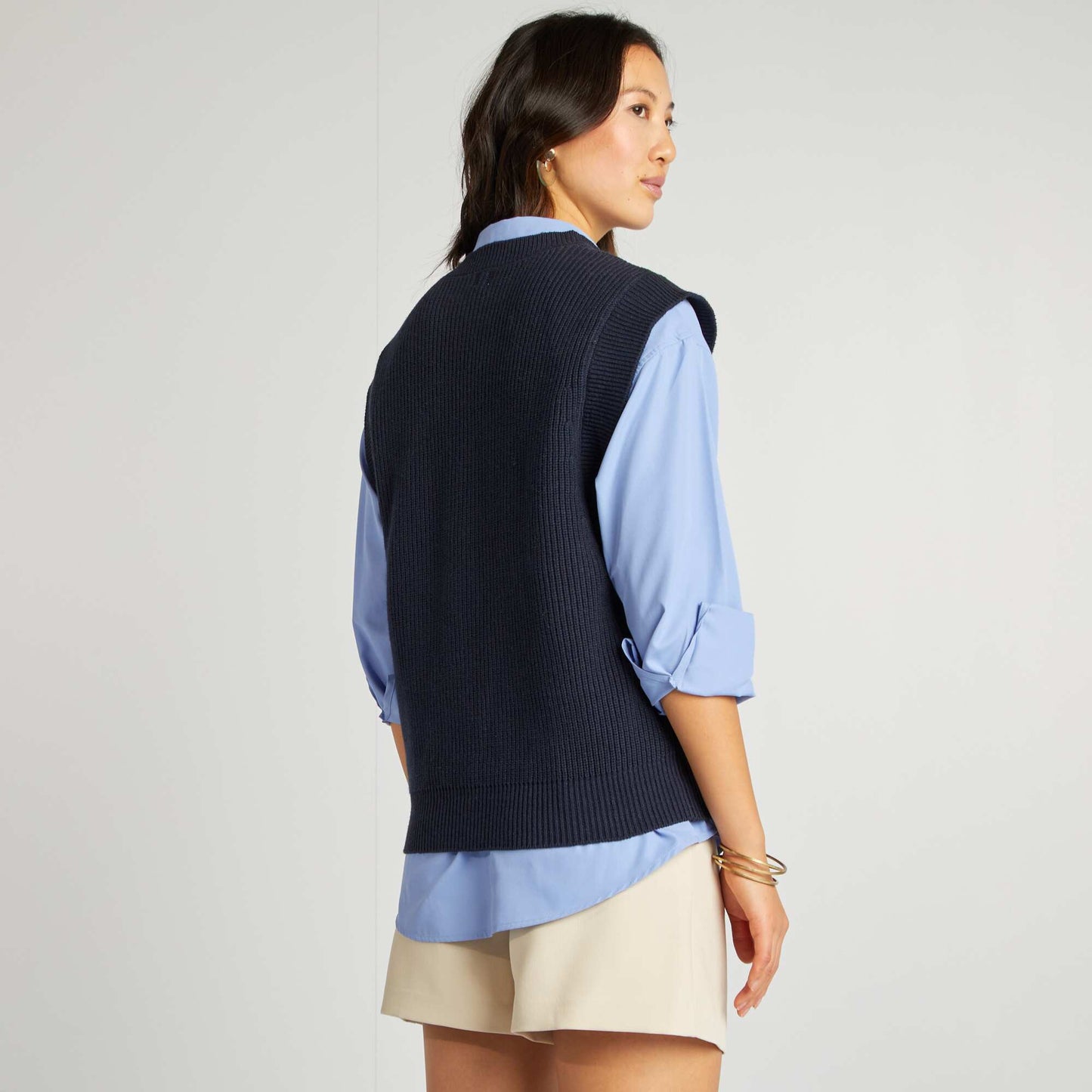 Pull sans manches col V BLEU MARINE