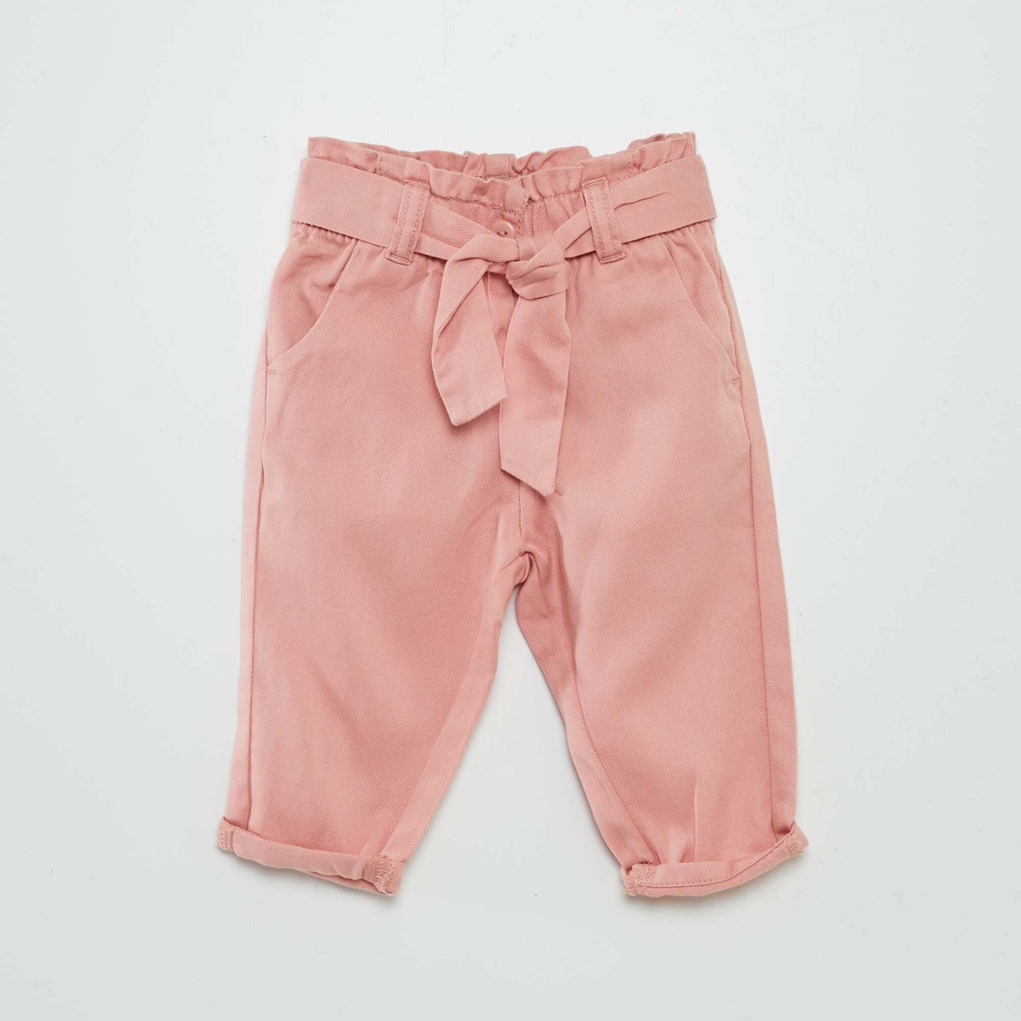 Pantalon uni avec ceinture et volants Rose