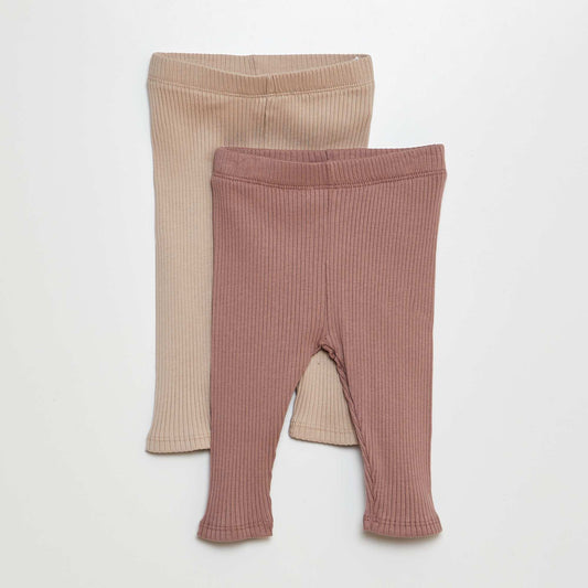 Lot de 2 leggings côtelés Beige/rose