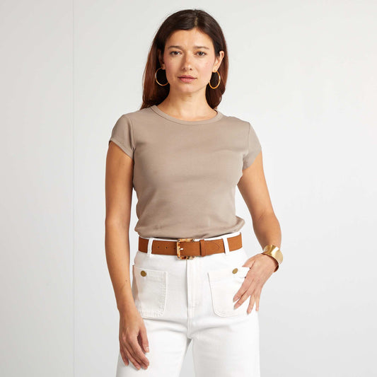 T-shirt à manches courtes maille côtelée BEIGE