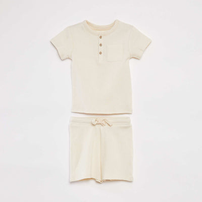Ensemble pyjama court t-shirt + short en maille gaufrée - 2 pièces BLANC