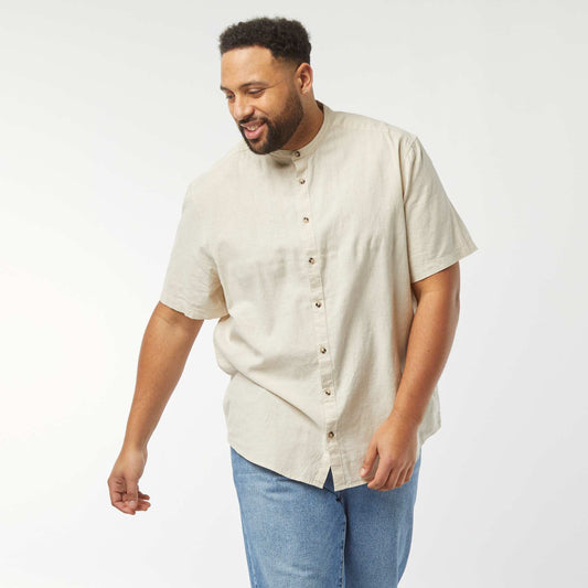 Chemise unie à manches courtes en lin mélangé BEIGE