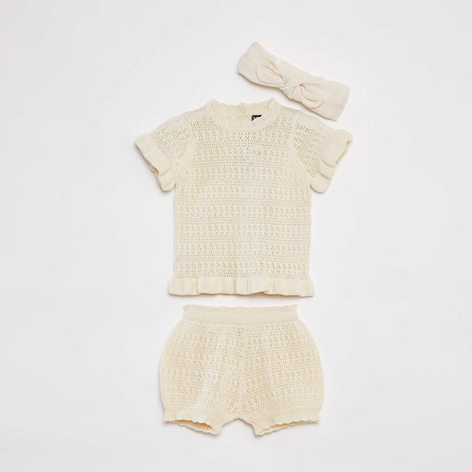 Ensemble en tricot t-shirt + short + bandeau - 3 pièces BLANC