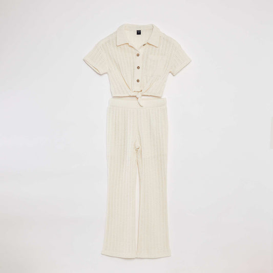 Ensemble en crochet t-shirt + pantalon flare - 2 pièces BLANC
