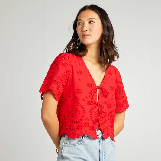 Blouse brodée avec nœuds ROUGE