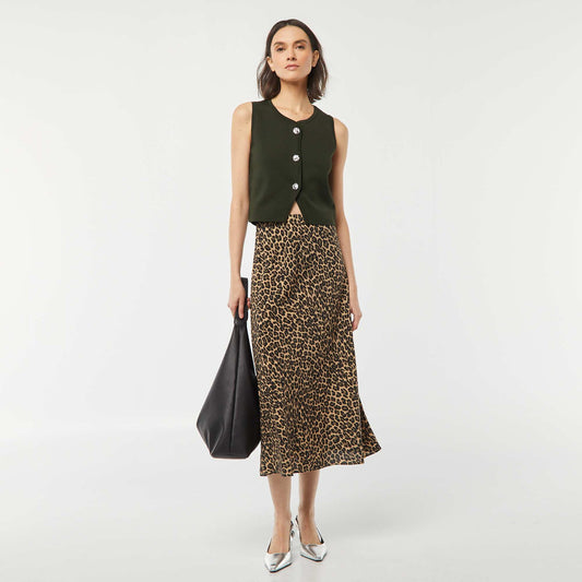 Jupe midi à motif léopard BEIGE