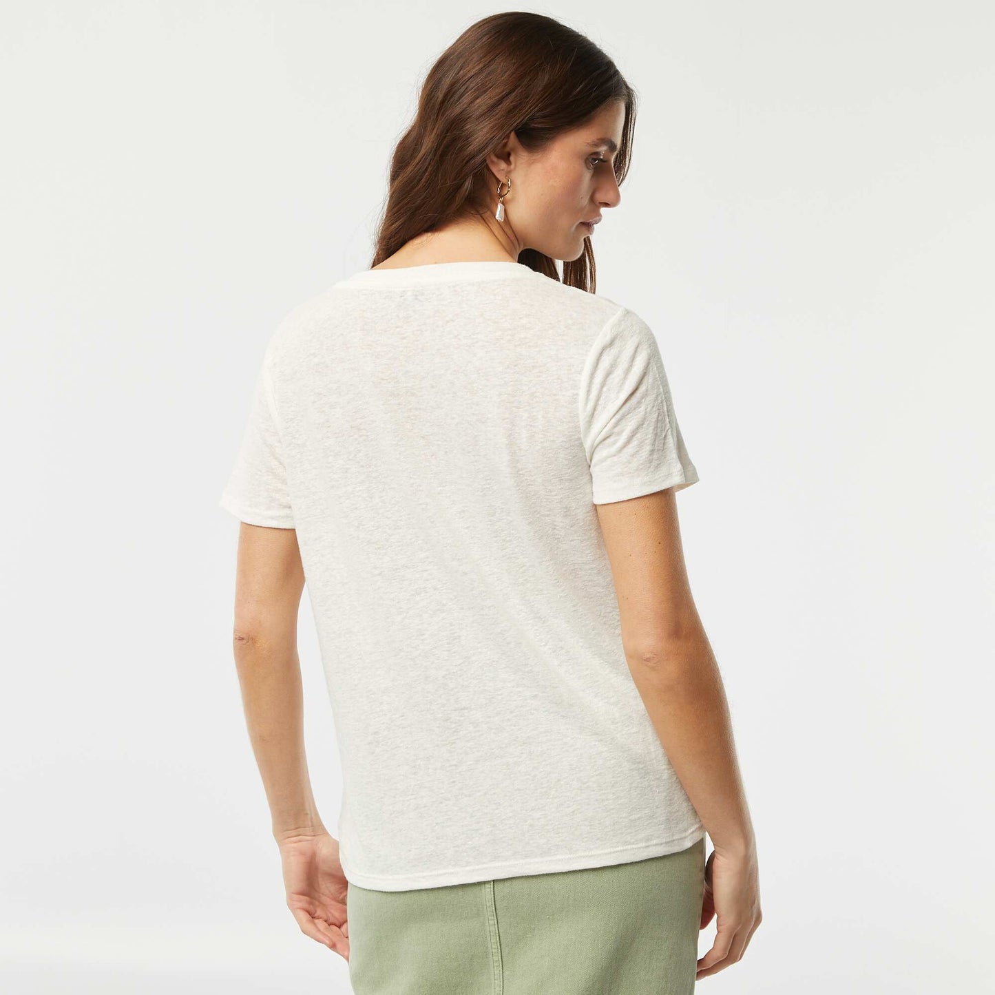 T-shirt basique col V en lin mélangé BLANC