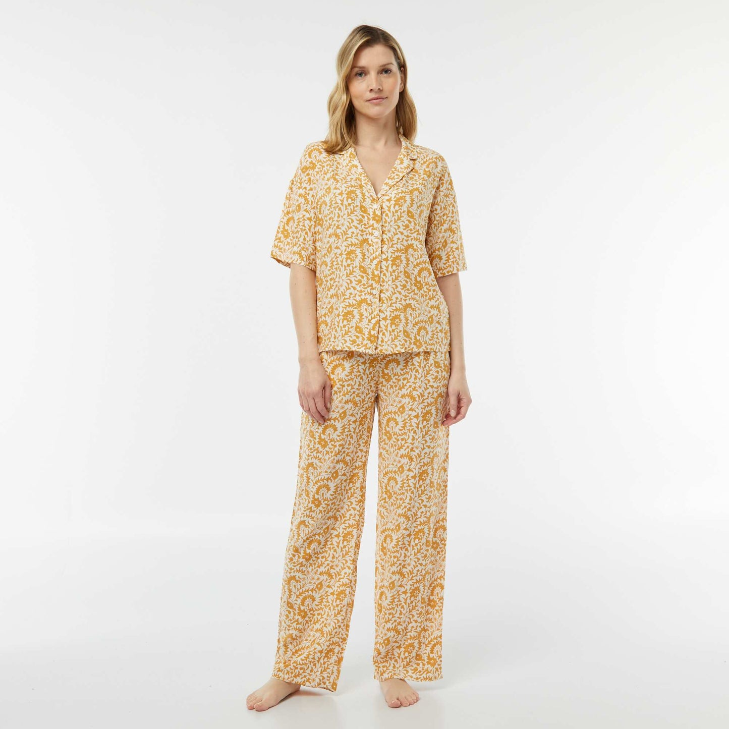 Ensemble pyjama chemisier + pantalon imprimé JAUNE
