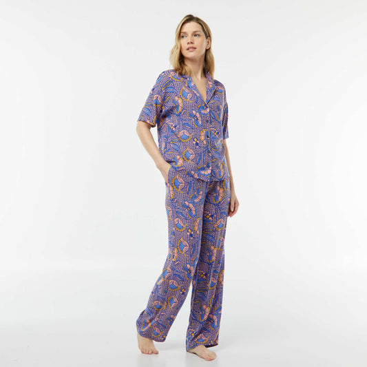 Ensemble pyjama chemisier + pantalon imprimé BLEU