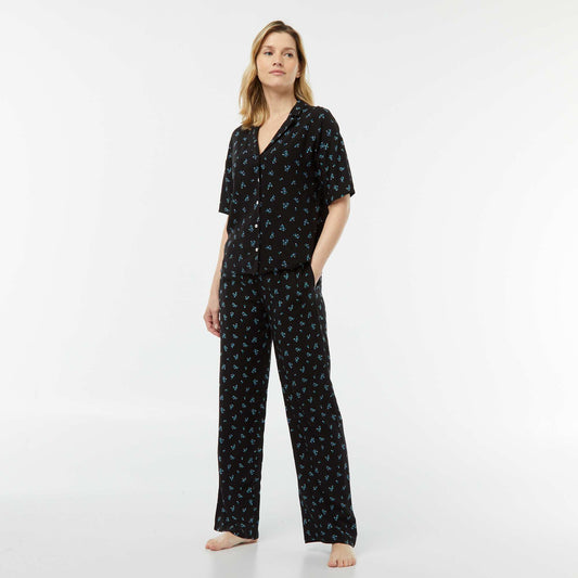 Ensemble pyjama chemisier + pantalon imprimé NOIR FLEURI