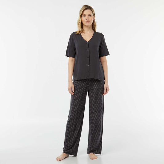 Pyjama long 2 pièces en maille extra-fluide NOIR