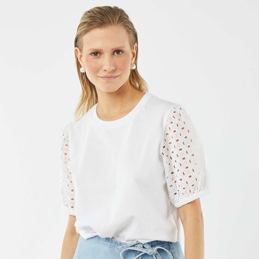 T-shirt uni manches courtes avec borderies anglaises BLANC