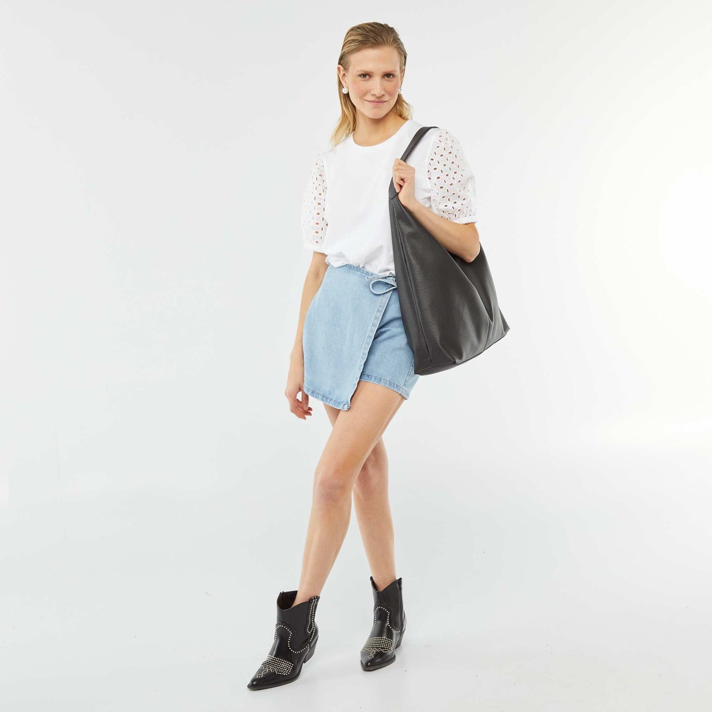 T-shirt uni manches courtes avec borderies anglaises BLANC