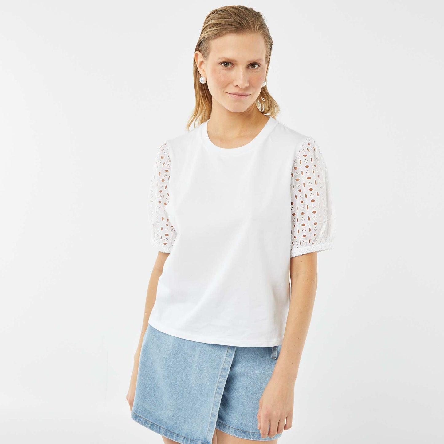 T-shirt uni manches courtes avec borderies anglaises BLANC