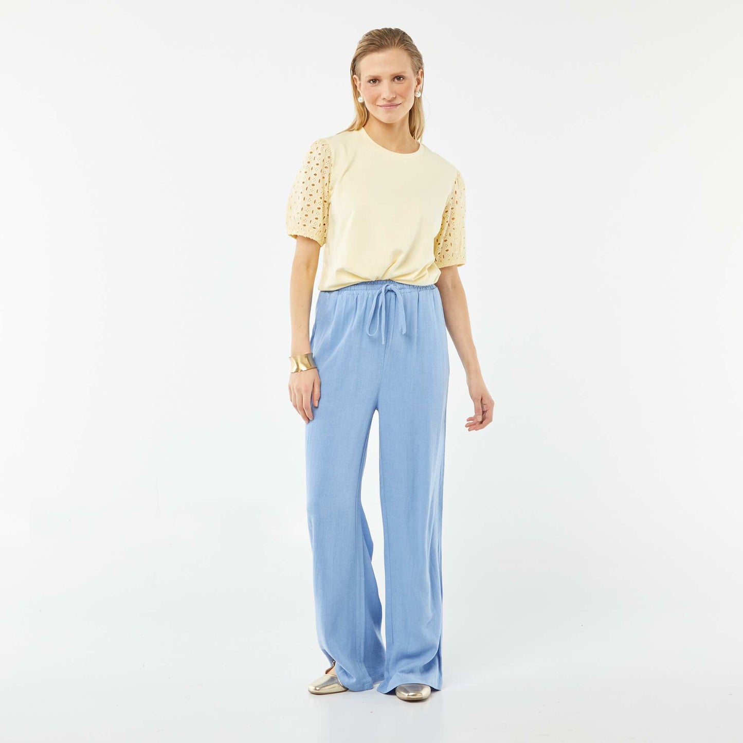 T-shirt uni manches courtes avec borderies anglaises JAUNE
